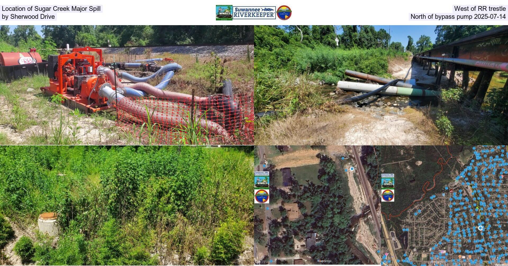 [Location of Sugar Creek Major Spill, West of RR trestle, by Sherwood Drive, North of bypass pump 2025-07-14]