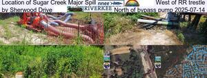 [Location of Sugar Creek Major Spill, West of RR trestle, by Sherwood Drive, North of bypass pump 2025-07-14]