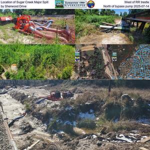 [Location of Sugar Creek Major Spill, West of RR trestle, by Sherwood Drive, North of bypass pump 2025-07-14]