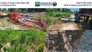 [Location of Sugar Creek Major Spill, West of RR trestle, by Sherwood Drive, North of bypass pump 2025-07-14]