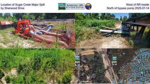 [Location of Sugar Creek Major Spill, West of RR trestle, by Sherwood Drive, North of bypass pump 2025-07-14]