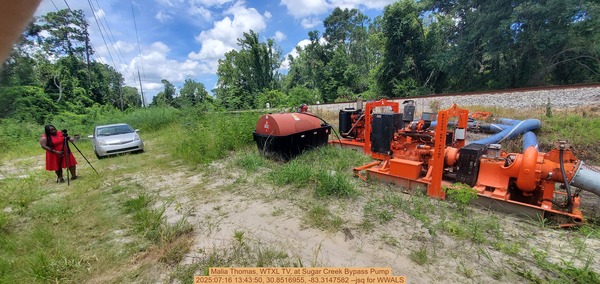 Malia Thomas, WTXL TV, at Sugar Creek Bypass Pump, 2025:07:16 13:43:50, 30.8516955, -83.3147582 --jsq for WWALS