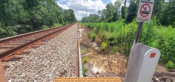 [Movie: Looking back south across Sugar Creek to the bypass pump, 2025:07:16 13:57:56, 30.8527367, -83.3149927 (14M) --jsq for WWALS]