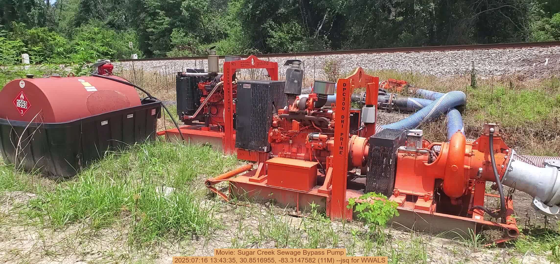Movie: Sugar Creek Sewage Bypass Pump, 2025:07:16 13:43:35, 30.8516955, -83.3147582 (11M) --jsq for WWALS