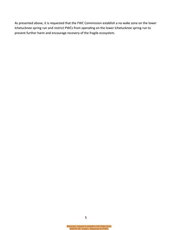 Summary: request to establish a No Wake Zone, 2025-07-29 --Linda L. Weseman to FFWC