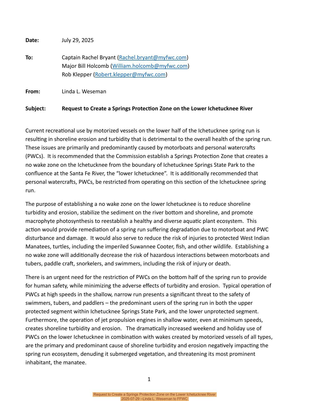 Request to Create a Springs Protection Zone on the Lower Ichetucknee River, 2025-07-29 --Linda L. Weseman to FFWC