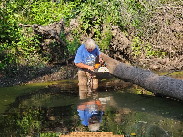 [Phil Hubbard finishing the previous deadfall, 2025:07:31 17:52:44, 30.8835170, -83.3244474 --jsq for WWALS]