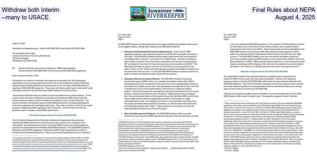 Withdraw both Interim Final Rules about NEPA --many to USACE, August 4, 2025