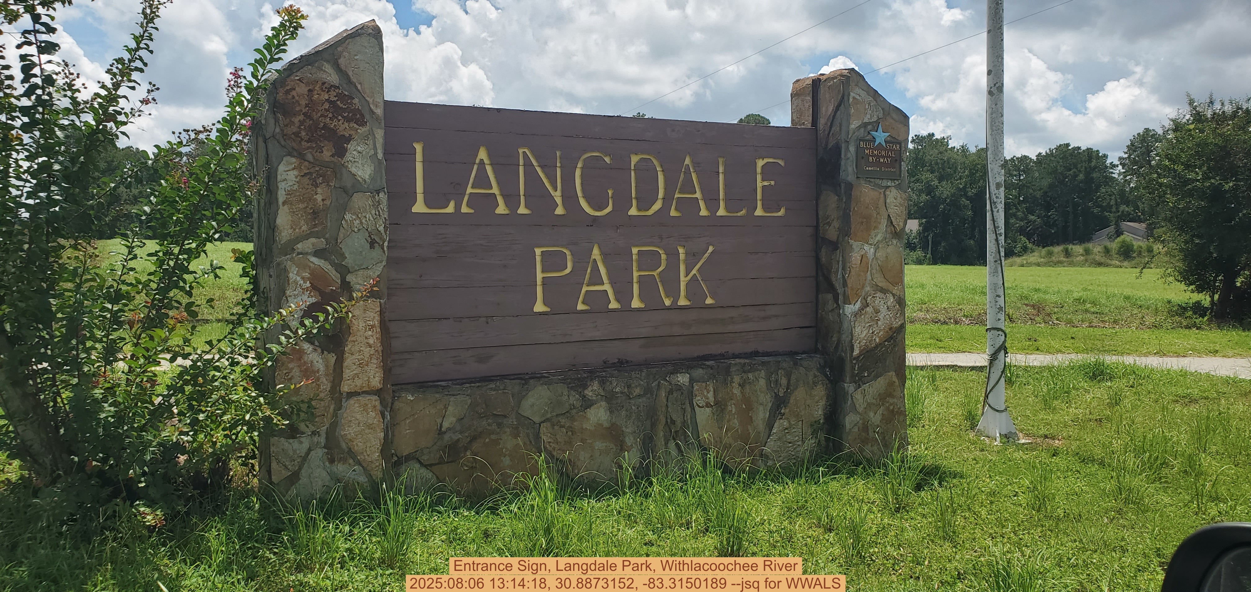 Entrance Sign, Langdale Park, Withlacoochee River, 2025:08:06 13:14:18, 30.8873152, -83.3150189 --jsq for WWALS