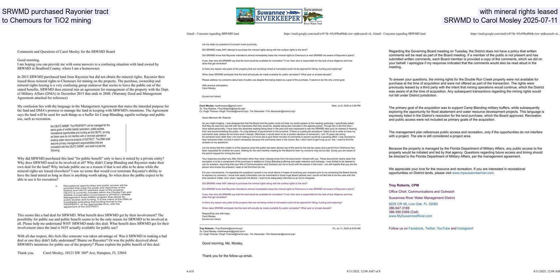 SRWMD purchased Rayonier tract with mineral rights leased to Chemours for TiO2 mining, SRWMD to Carol Mosley 2025-07-11
