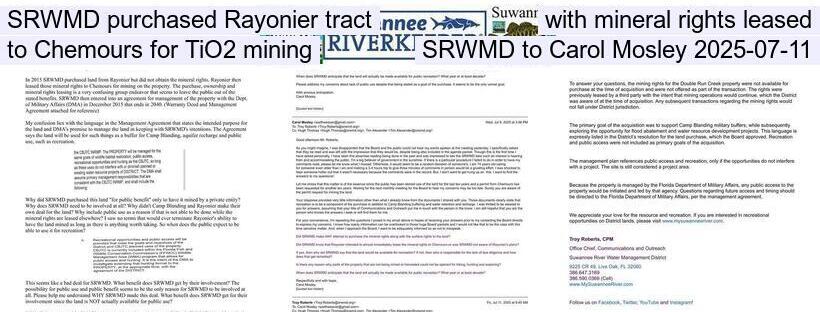 SRWMD purchased Rayonier tract with mineral rights leased to Chemours for TiO2 mining, SRWMD to Carol Mosley 2025-07-11