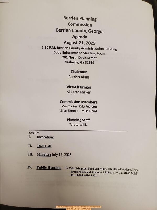 [One Public Hearing, for Bradford Rezone subdivision, 2025-08-21 --jsq for WWALS]