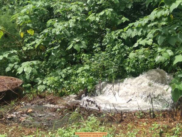 Closeup of overflowing manhole, 2025-08-23 --Scotti Jay