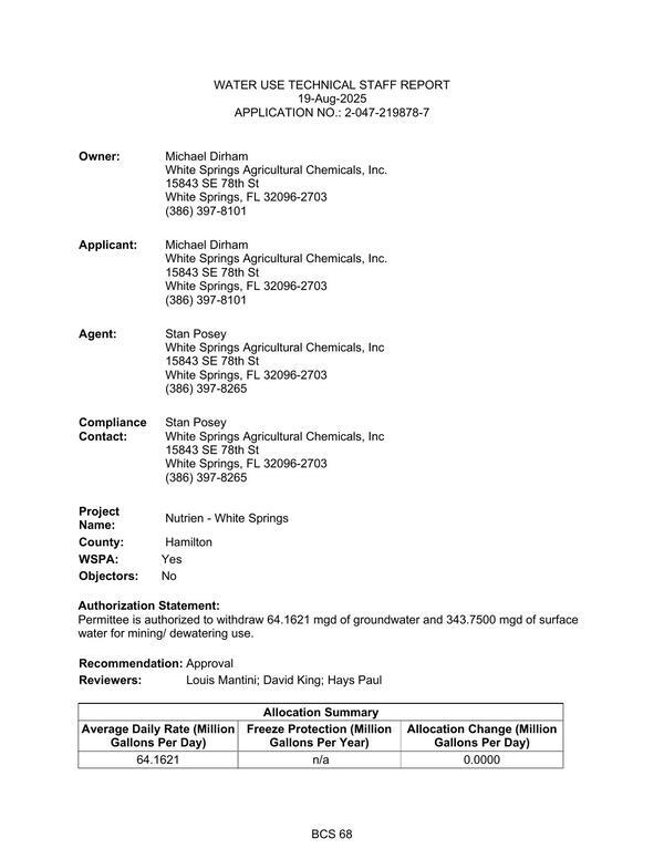 WATER USE TECHNICAL STAFF REPORT 19-Aug-2025 APPLICATION NO.: 2-047-219878-7