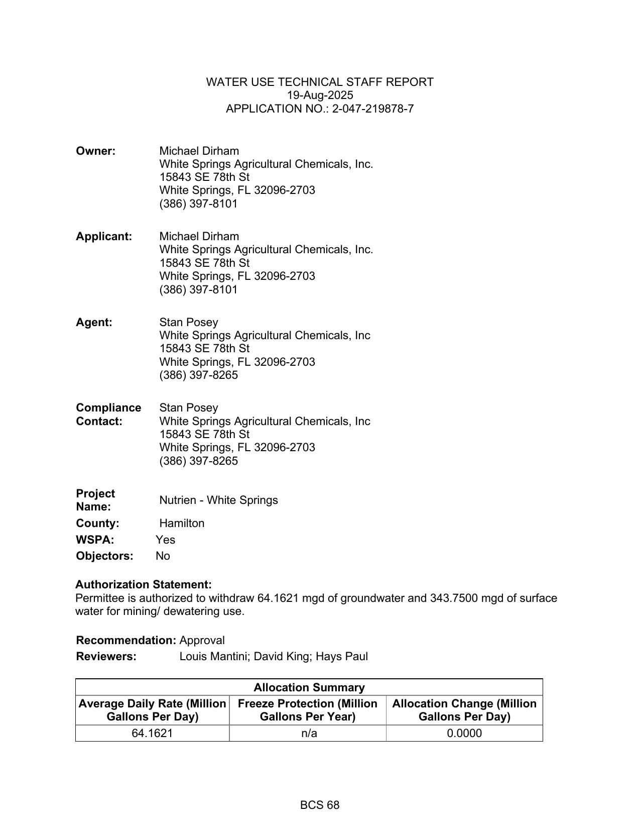 WATER USE TECHNICAL STAFF REPORT 19-Aug-2025 APPLICATION NO.: 2-047-219878-7