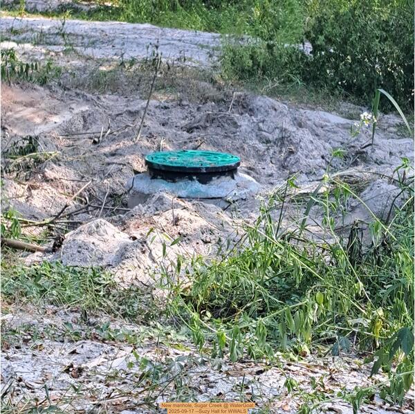 New manhole, Sugar Creek @ WaterGoat 2025-09-17 --Suzy Hall for WWALS