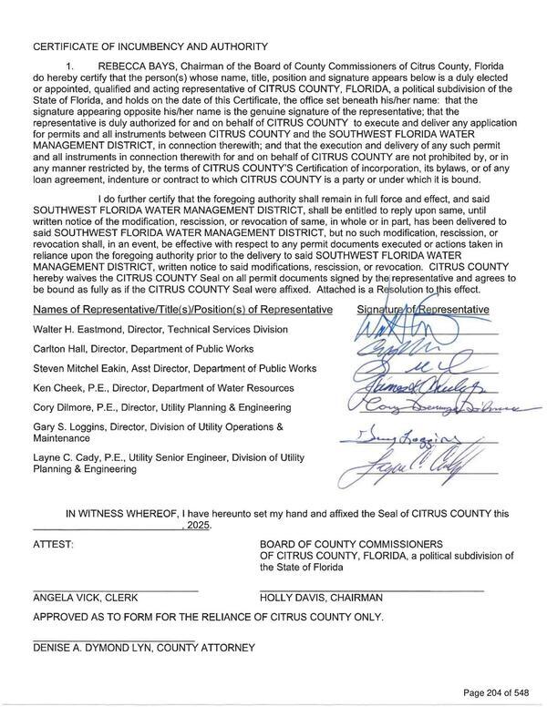 Certificate of Incumbency and Authority about SWFWMD