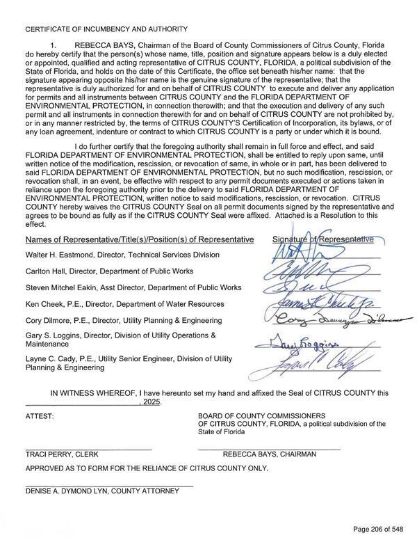 Certificate of Incumbency and Authority about FDEP