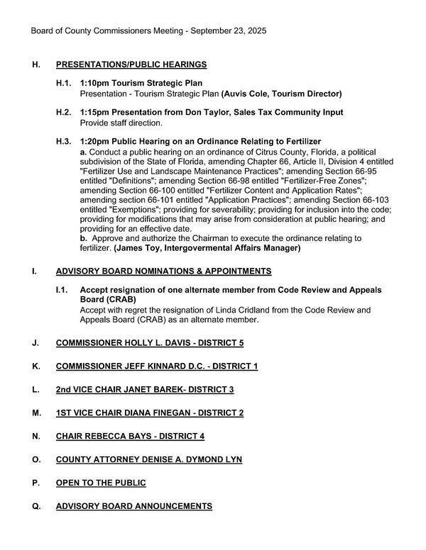 H. Presentations/Public Hearings, etc.
