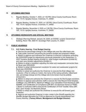 [R. Upcoming Meetings, S. Upcoming Workshops and Special Meetings, T. Public Hearings]
