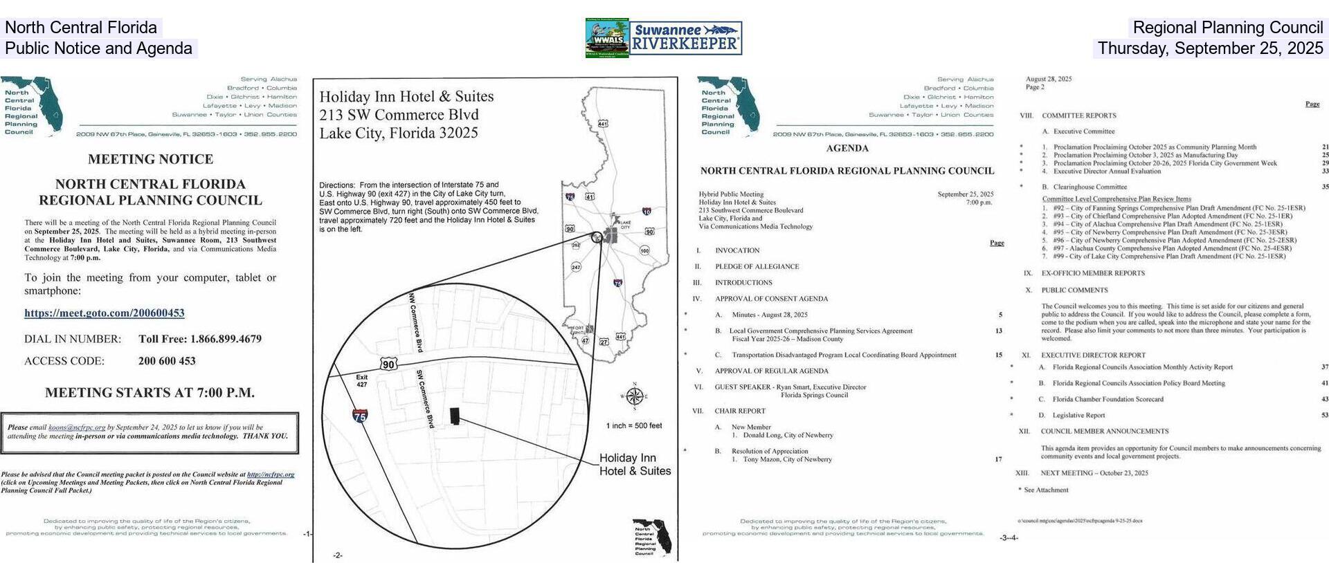 [North Central Florida Regional Planning Council, Public Notice and Agenda, Thursday, September 25, 2025]