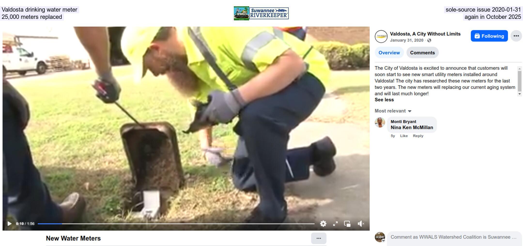 Valdosta drinking water meter sole-source issue 2020-01-31, 25,000 meters replaced again in October 2025