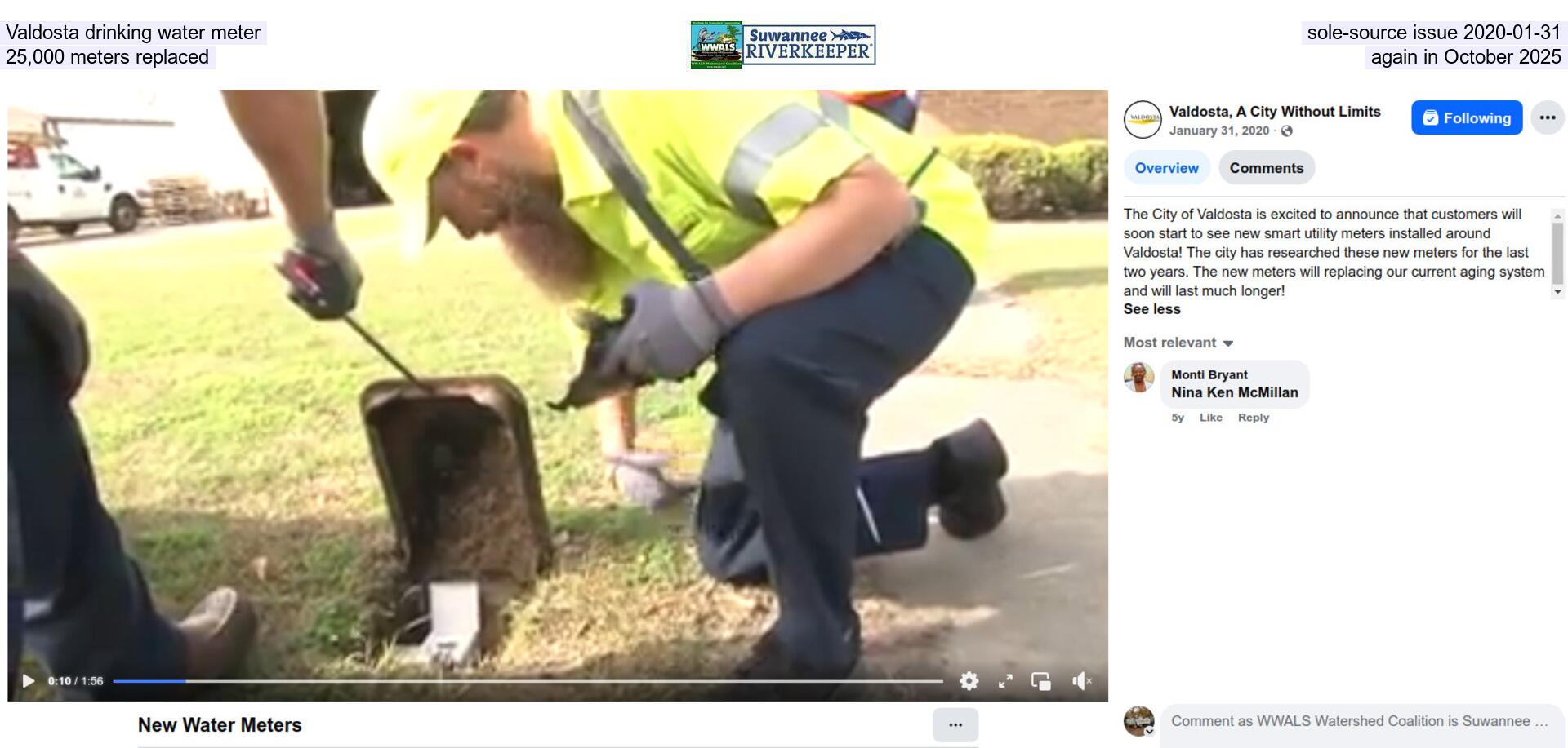 [Valdosta drinking water meter sole-source issue 2020-01-31, 25,000 meters replaced again in October 2025]
