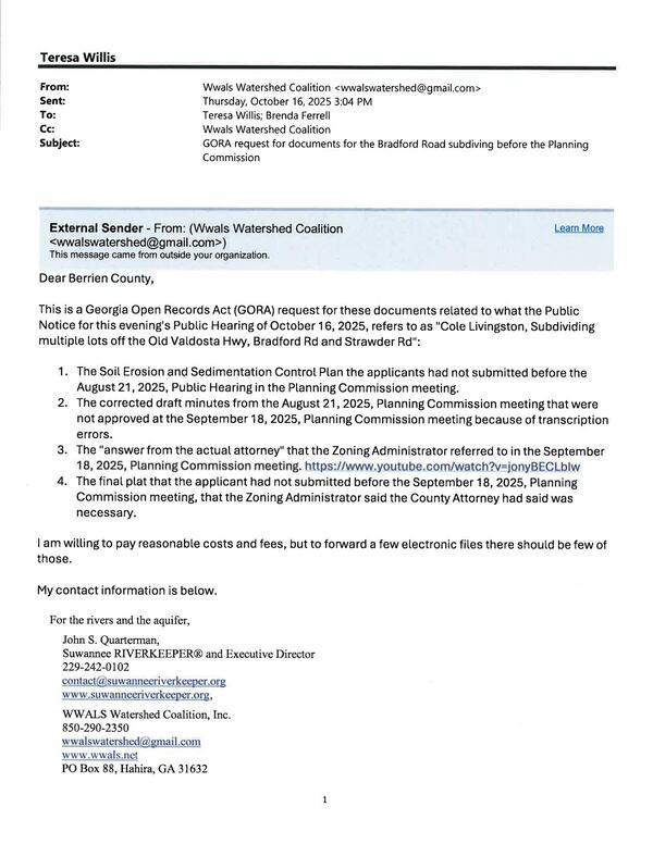 [GORA request, 2025-10-16 --Suwannee Riverkeeper]