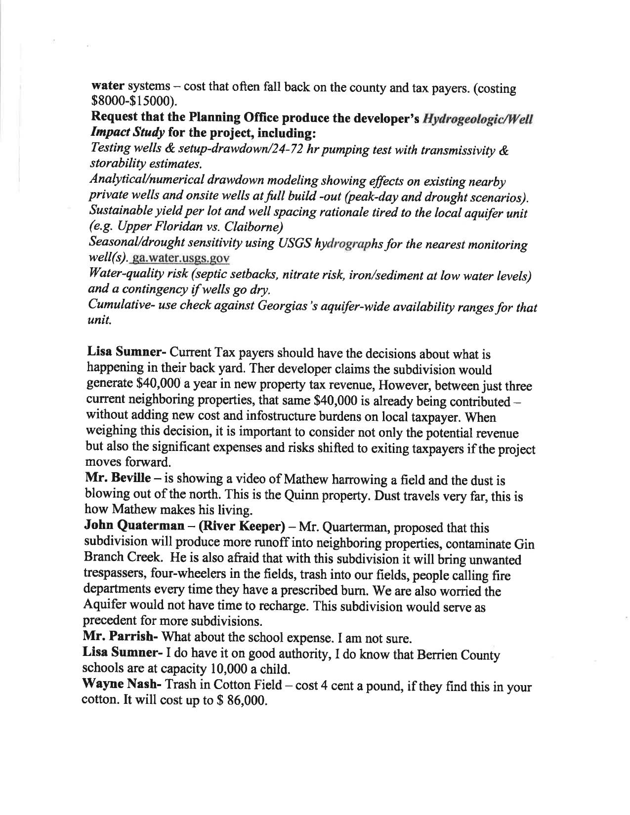 Request for Hydrogeologic/Well Impact Study, Lisa Sumner, Mr. Beville, John Qua[r]terman, Mr. Parrish, Wayne Nash, 2025-09-18 --Berrien County Planning Commission