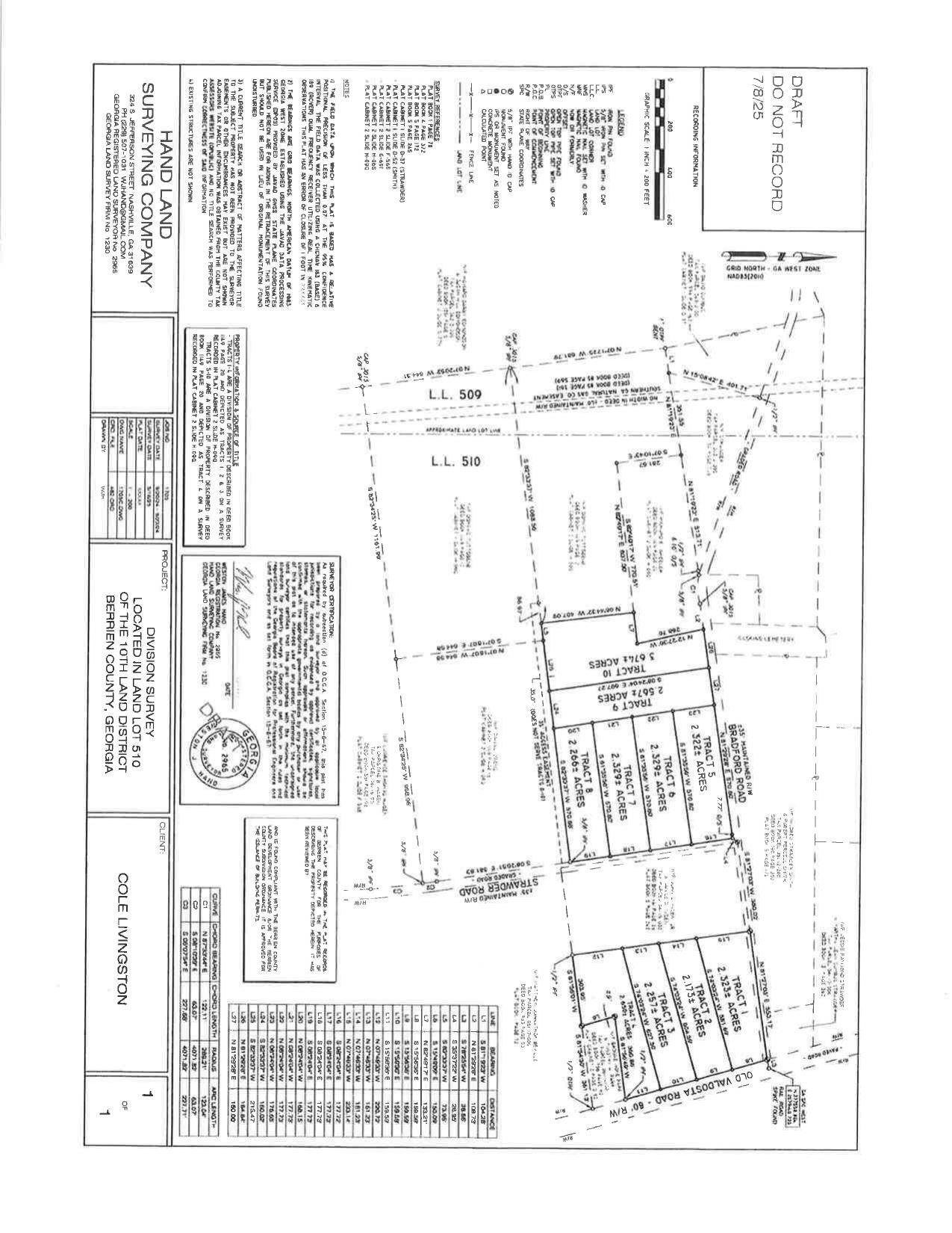 Division Survey, Client: Cole Livingston, 2025-07-08 --Hand Land Surveying Company