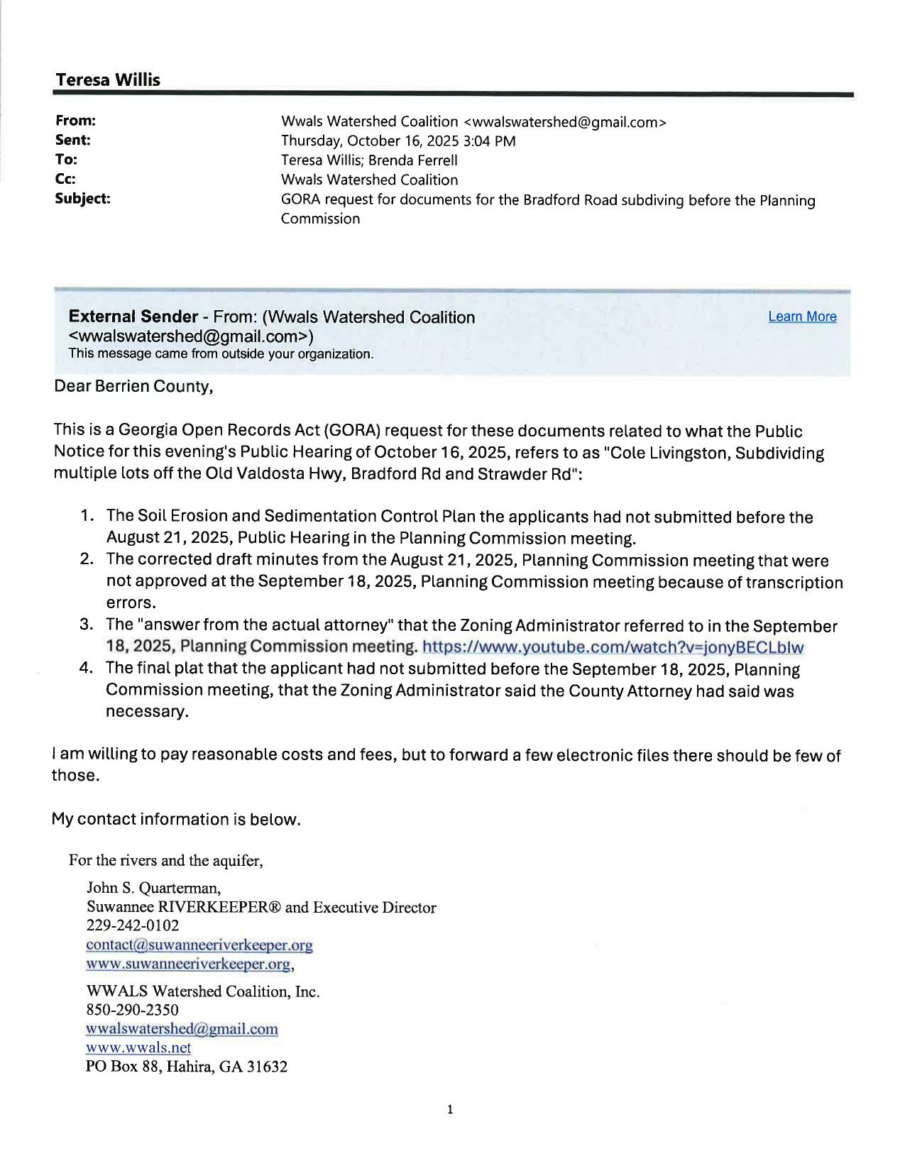 GORA request, 2025-10-16 --Suwannee Riverkeeper