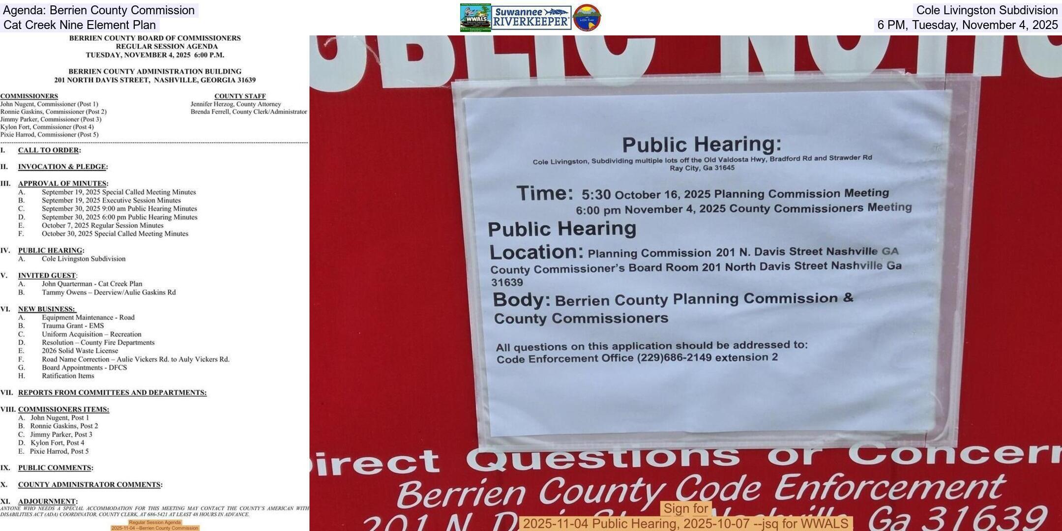 Agenda: Berrien County Commission, Cole Livingston Subdivision, Cat Creek Nine Element Plan, 6 PM, Tuesday, November 4, 2025