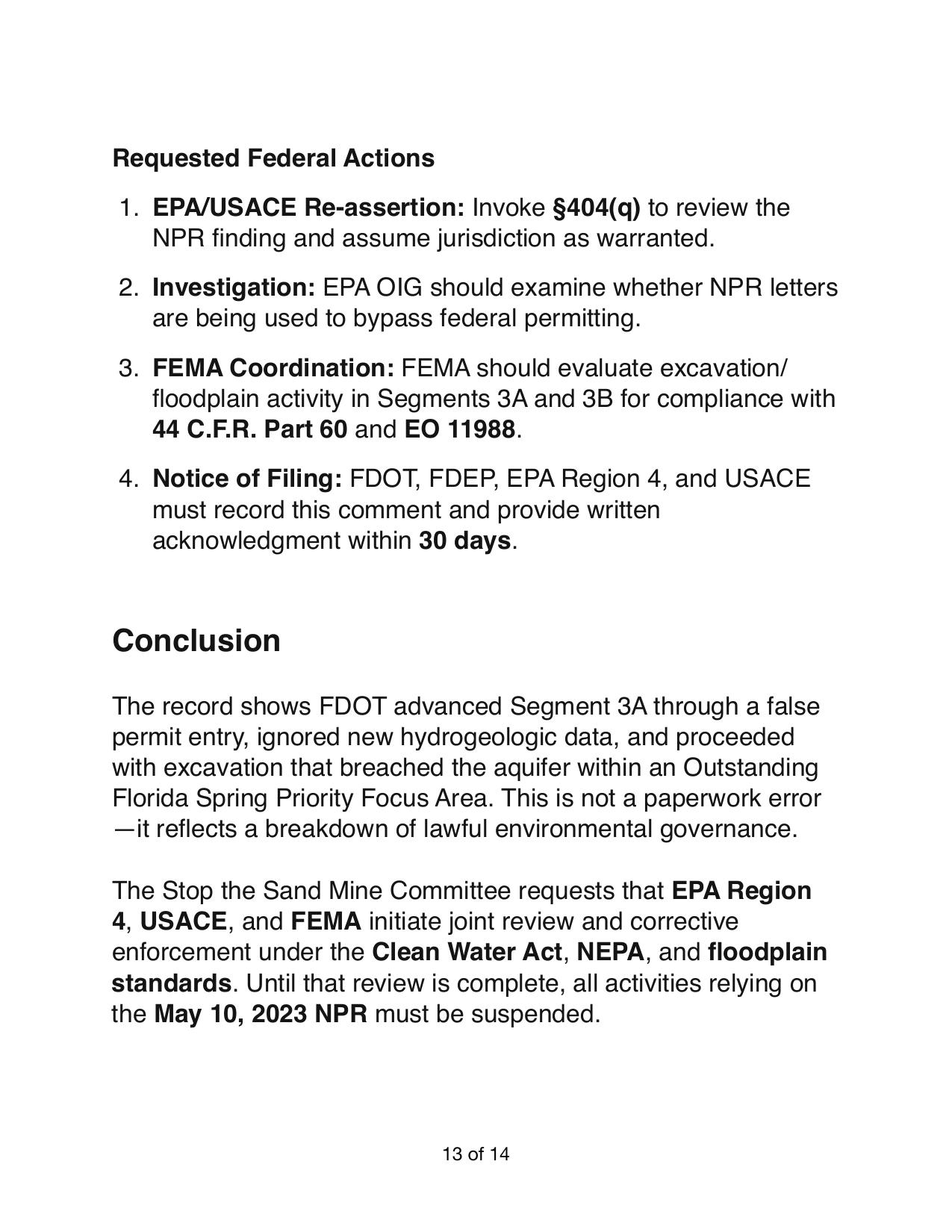 Requested Federal Actions and Conclusion