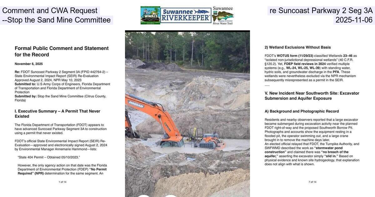 Comment and CWA Request, re Suncoast Parkway 2 Seg 3A --Stop the Sand Mine Committee, 2025-11-06