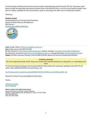 [The No Permit Required Request and associated WOTUS Information Form have been uploaded to the DEP FTP site under Folder 404FDOT/442764‐2 Suncoast Pkwy 2_3A. ftp://ftp.dep.state.fl.us/pub/incoming/404FDOT/442764‐2%20Sunocast%20Pkwy%202_3A/]