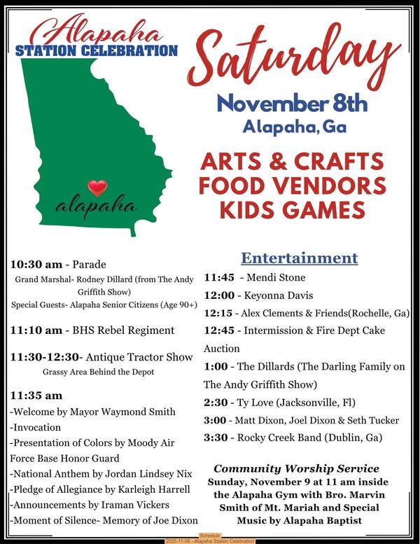 [Schedule, 2025-11-08 --Alapaha Station Celebration]