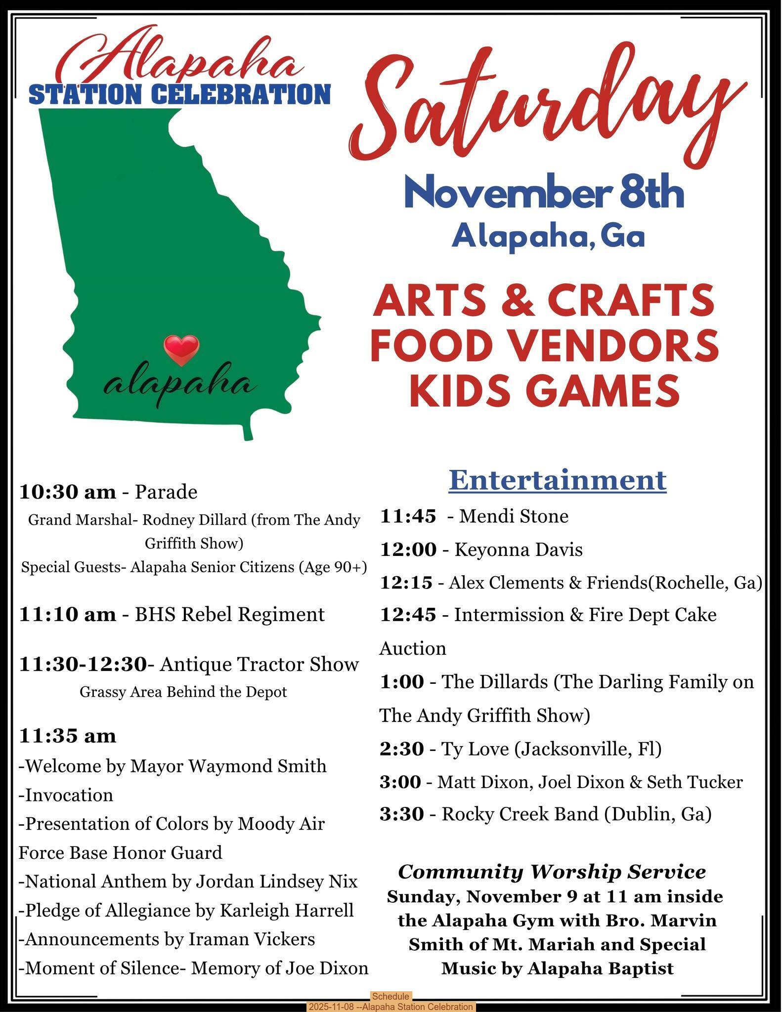 Schedule, 2025-11-08 --Alapaha Station Celebration