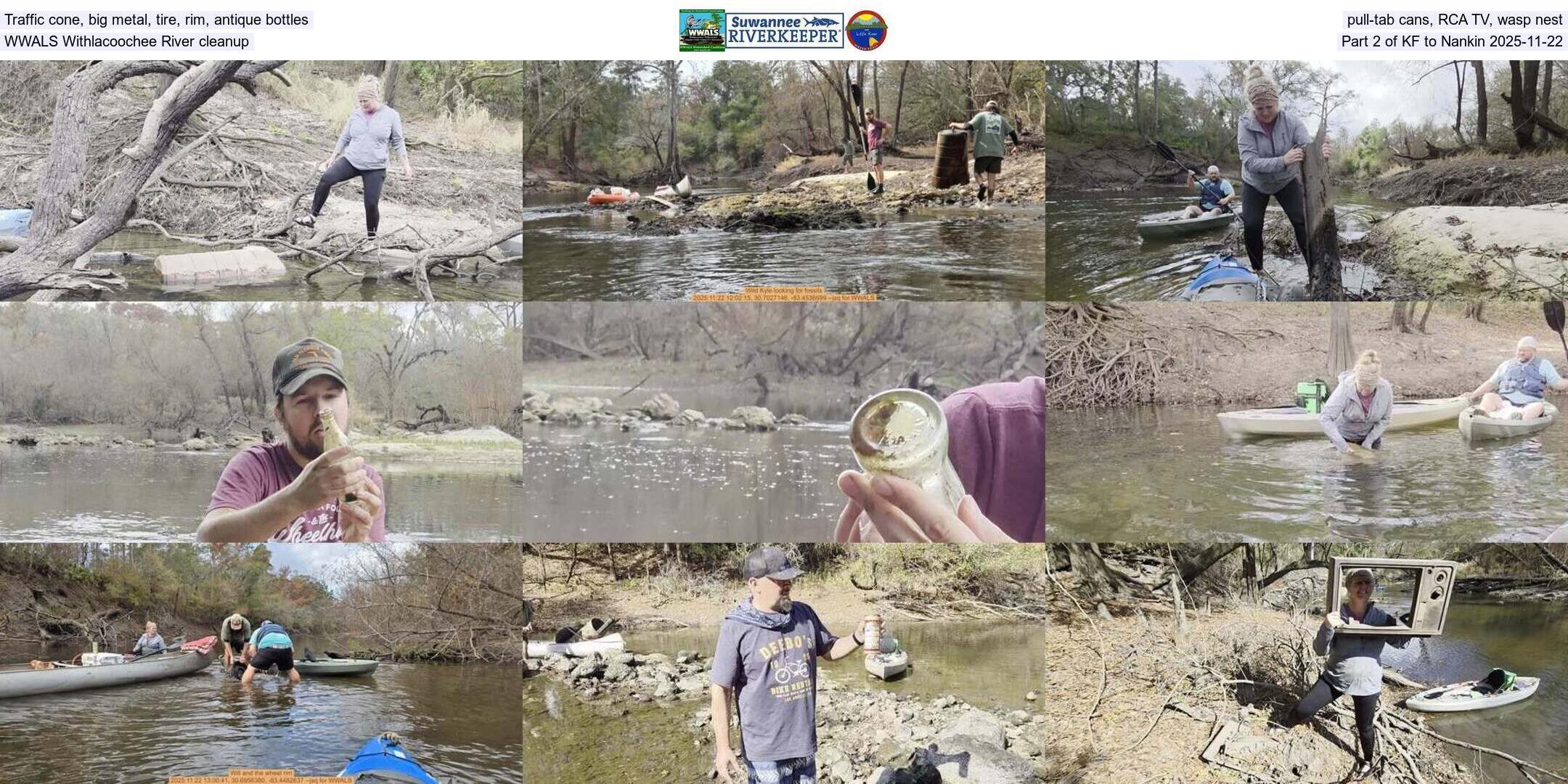 Traffic cone, big metal, tire, rim, antique bottles, pull-tab cans, RCA TV, wasp nest, WWALS Withlacoochee River cleanup, Part 2 of KF to Nankin 2025-11-22