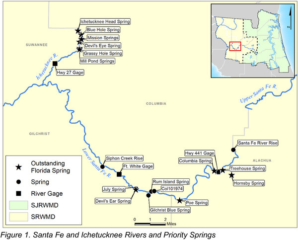[Map: Figure 1. Santa Fe and Ichtucknee Rivers and Springs 2025-11-12 --SJRWMD]