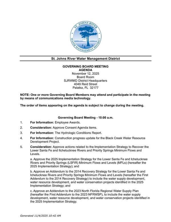 [5. Consideration: Approve actions related to the Implementation Strategy to Recover the Lower Santa Fe and Itchetucknee Rivers and Priority Springs Minimum Flows and Levels.]
