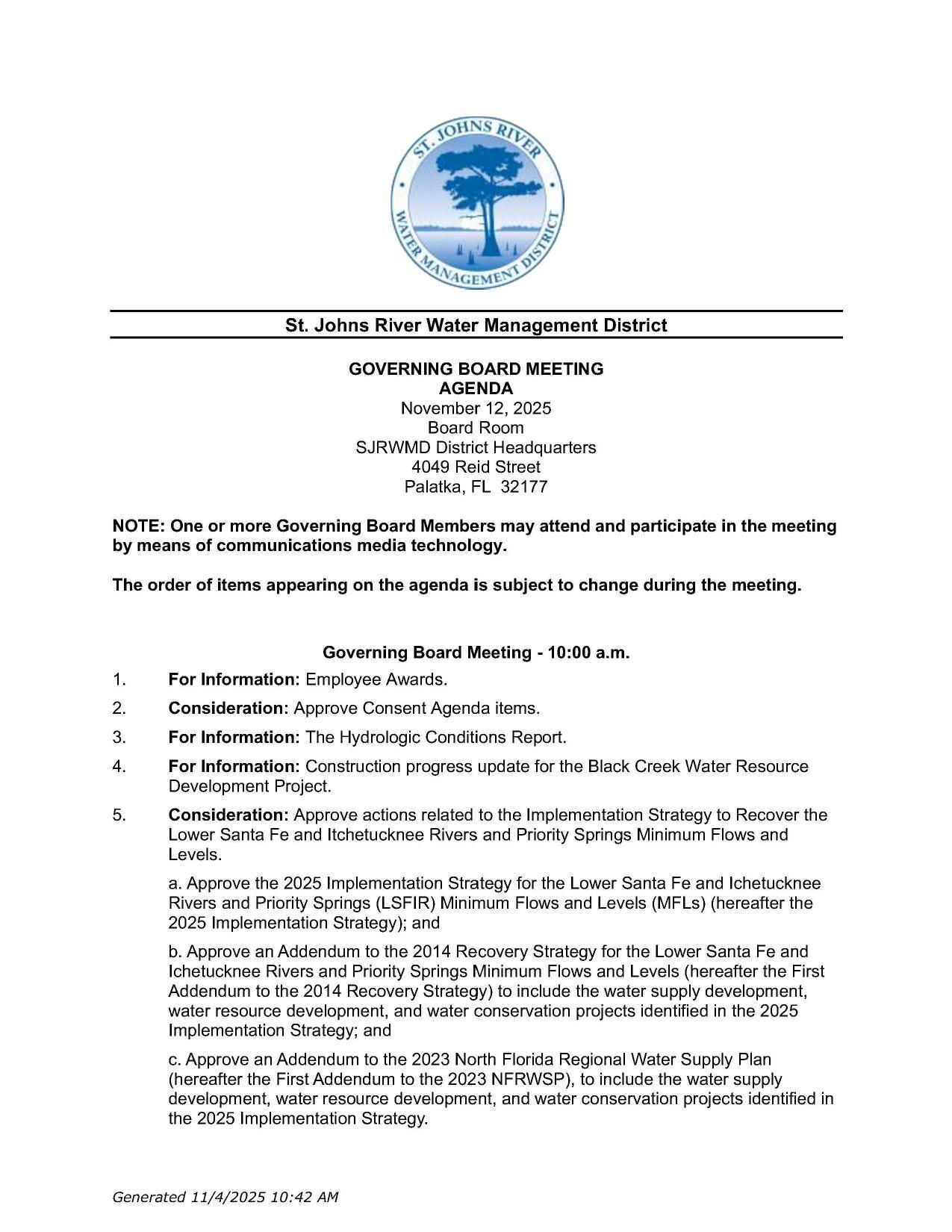 5. Consideration: Approve actions related to the Implementation Strategy to Recover the Lower Santa Fe and Itchetucknee Rivers and Priority Springs Minimum Flows and Levels.