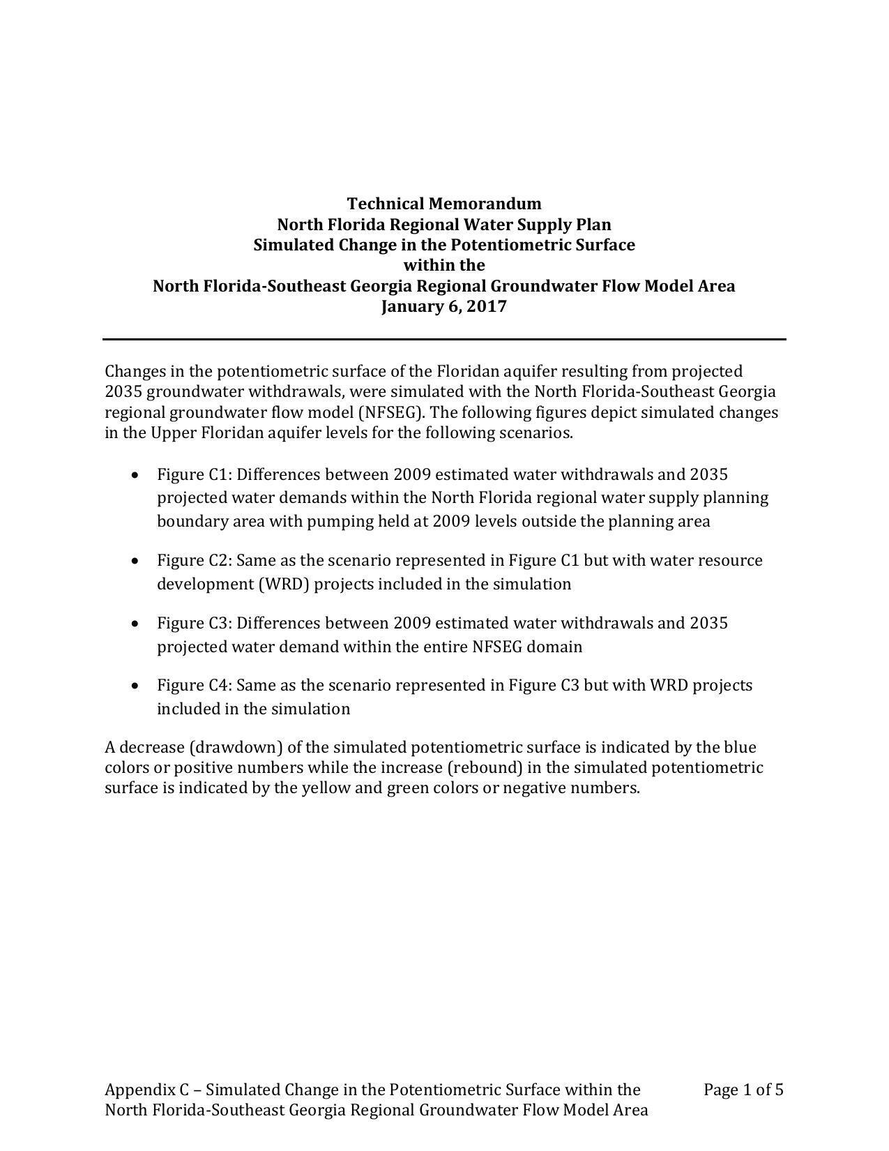 Technical Memorandum, North Florida Regional Water Supply Plan, 2017-01-06, Simulated Change in the Potentiometric Surface within the North Florida-Southeast Georgia Regional Groundwater Flow Model Area