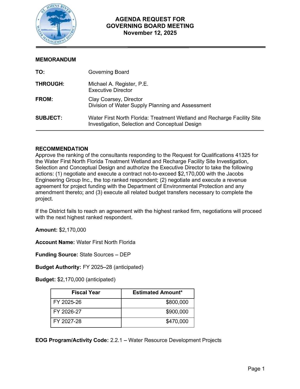 WFNF: Treatment Wetland and Recharge Facility Site Investigation, Selection and Conceptual Design, 2025-11-12 --SJRWMD