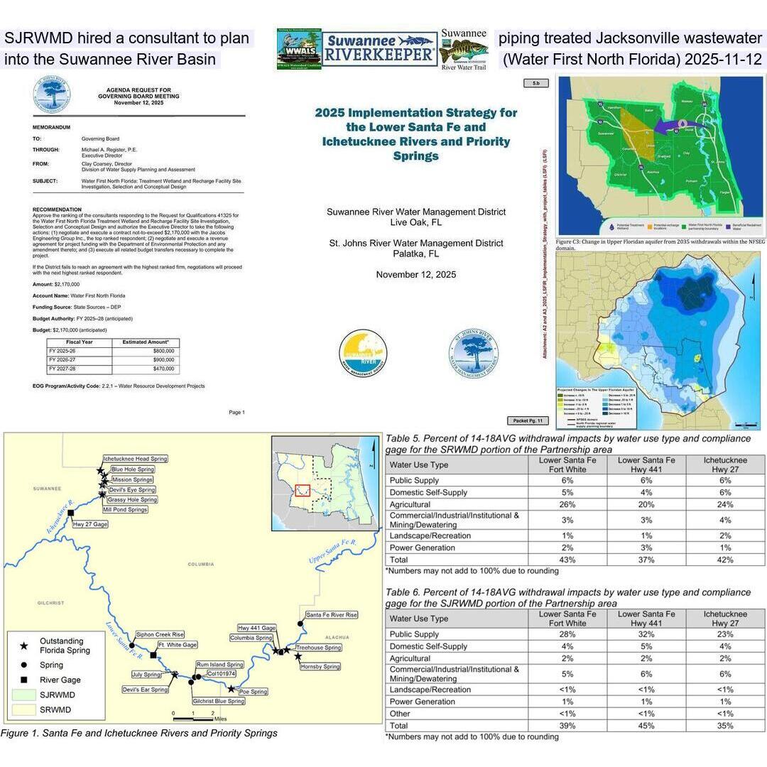 SJRWMD hired a consultant to plan piping treated Jacksonville wastewater into the Suwannee River Basin (Water First North Florida) 2025-11-12