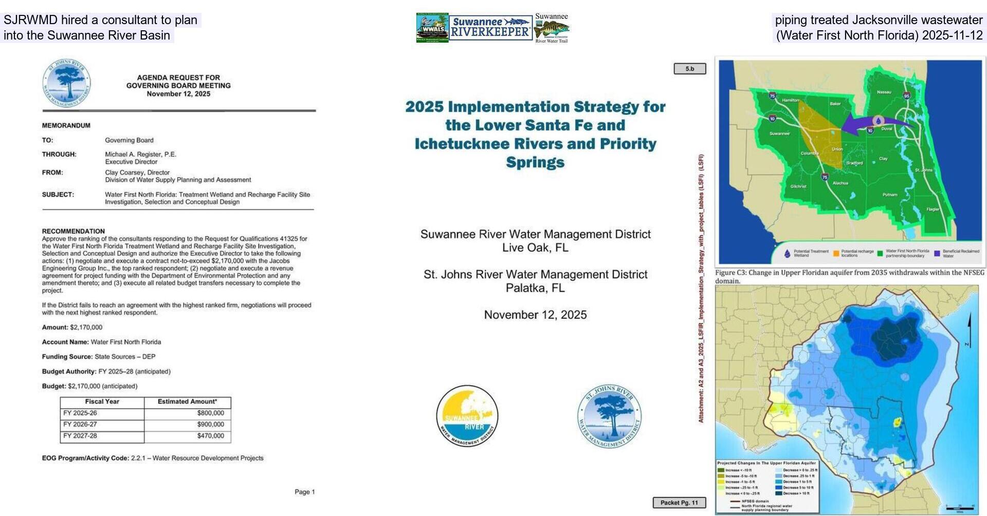 SJRWMD hired a consultant to plan piping treated Jacksonville wastewater into the Suwannee River Basin (Water First North Florida) 2025-11-12