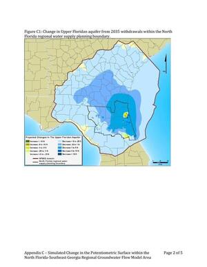 [Figure C1: Change in Upper Floridan aquifer from 2035 withdrawals within the North Florida regional water supply planning boundary.]