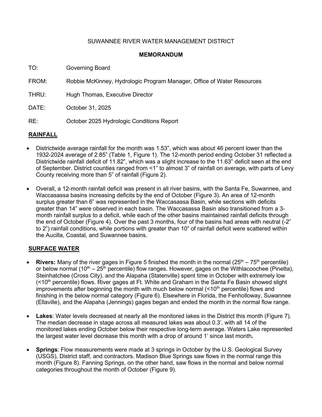 Page 01: Districtwide average rainfall for the month was 1.53”, which was about 46 percent lower than the 1932-2024 average of 2.85” (Table 1, Figure 1).