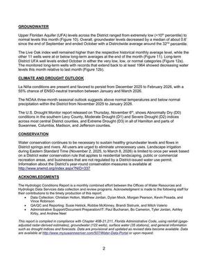 [Page 02: Upper Floridan Aquifer (UFA) levels across the District ranged from extremely low (<10th percentile) to normal levels this month (Figure 10).]
