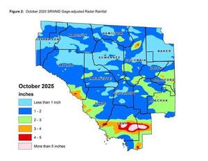 [Map: Figure 2: October 2025 SRWMD Gage-adjusted Radar Rainfall]