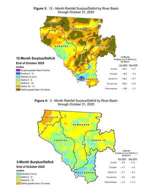 [Map: Figure 3: 12 - Month Rainfall Surplus/Deficit by River Basin through October 31, 2025]